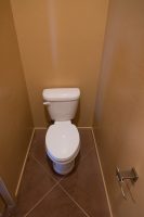 White elongated toilet and Delta Ara toilet paper holder